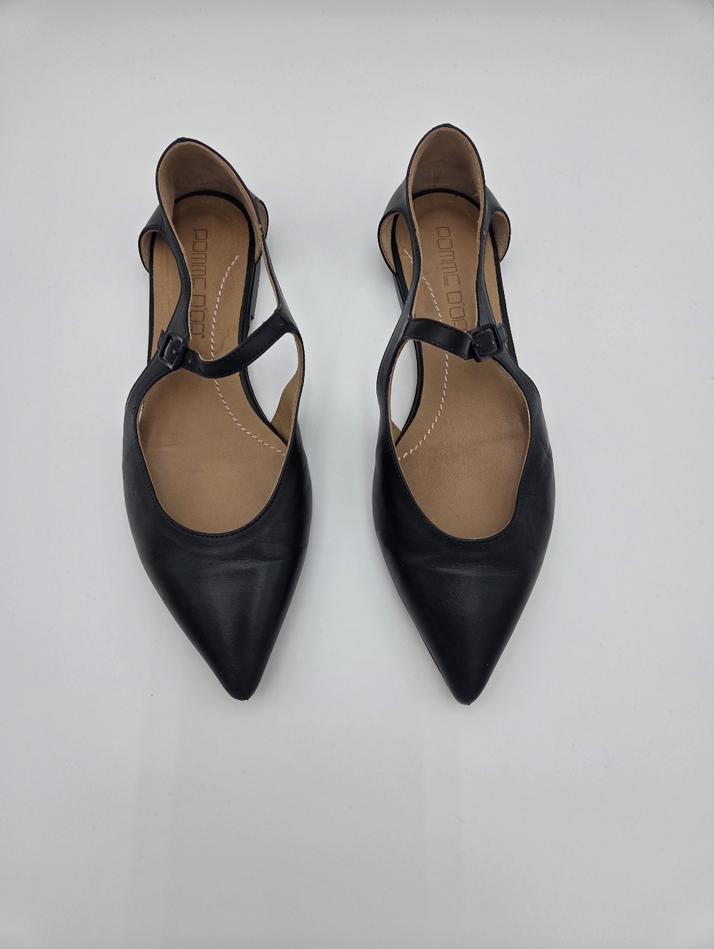 Pomme D'or Black Soft Leather Italian Pointed Mary Jane Trendy Flats Size 37.5